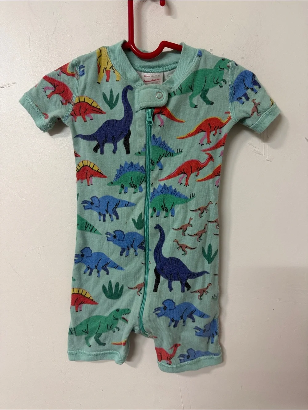Hanna Andersson Mint Short-Sleeve Dinosaur One-Piece